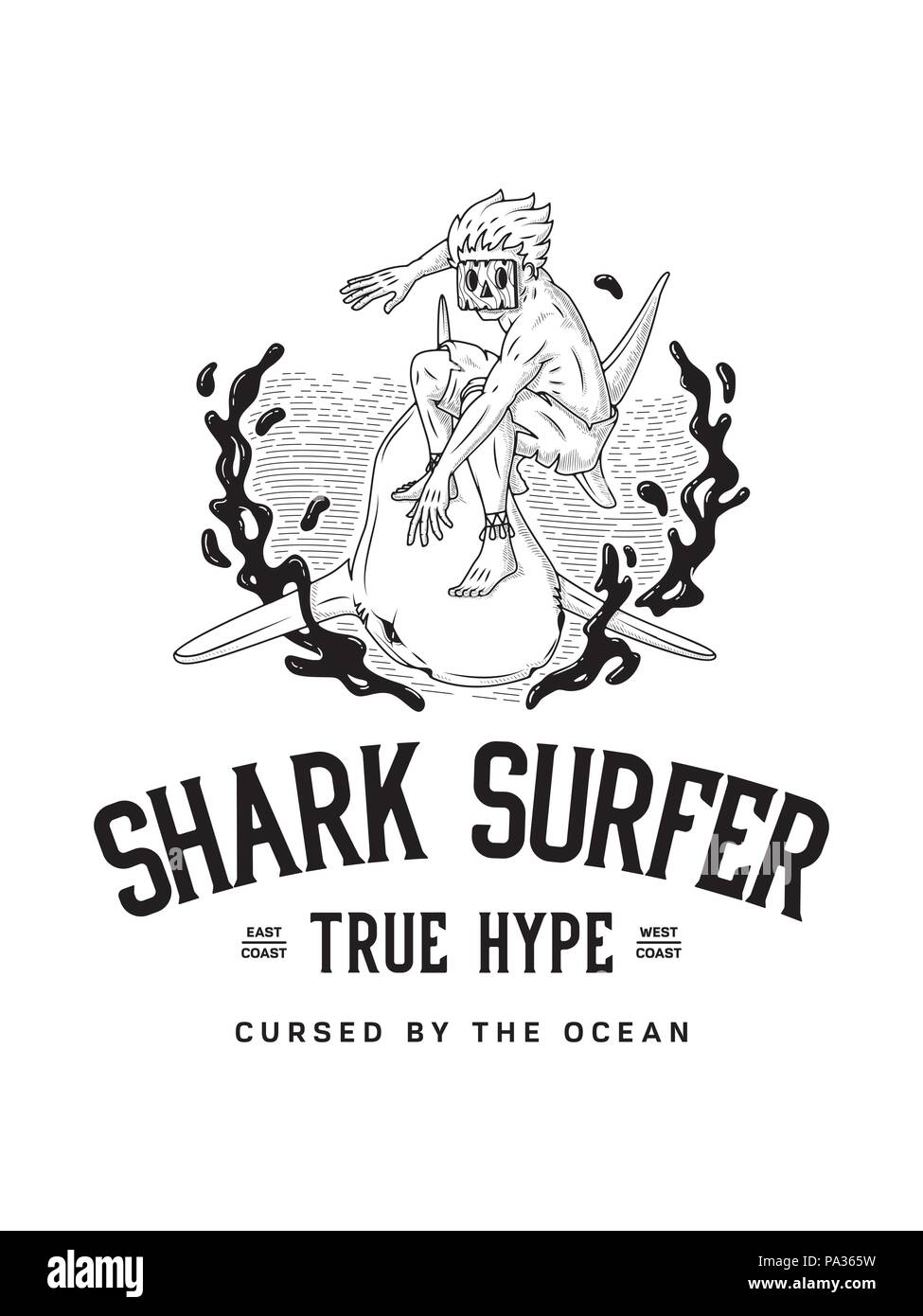 Le vrai surf requin surfer d'exagération est un noir sur blanc vector illustration d'un surfer à l'aide d'un requin comme un surf Illustration de Vecteur