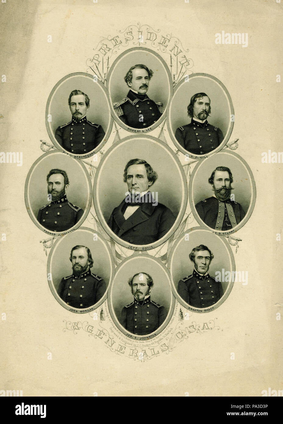 5 "Le Président et les généraux C.S.A." (Jefferson Davis entouré par des généraux Robert E. Lee, A.P. Hill, J.E.B. Stuart, Braxton Bragg, Joseph E. Johnston, John Morgan, Thomas J. Jackson, et Beauregard) Banque D'Images