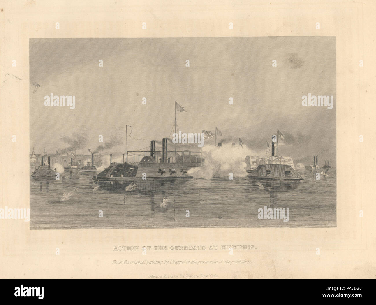 . Anglais : impression d'une bataille navale entre canonnières à toute épreuve. "ACTION DES CANONNIÈRES À MEMPHIS.' (imprimé ci-dessous l'image). Titre : "Action des canonnières à Memphis.' . Entre 1861 et 1865 1 "Action des canonnières à Memphis." Banque D'Images