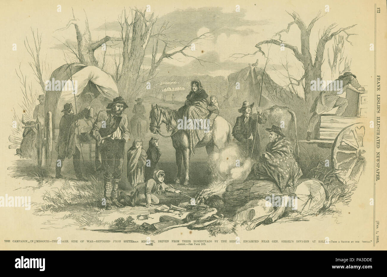 5 "La campagne dans le Missouri - Le côté sombre de la guerre - les réfugiés du sud du Missouri, chassés de leurs foyers par les rebelles, campèrent près de Gen. Siegel's Division à Rolla." Banque D'Images