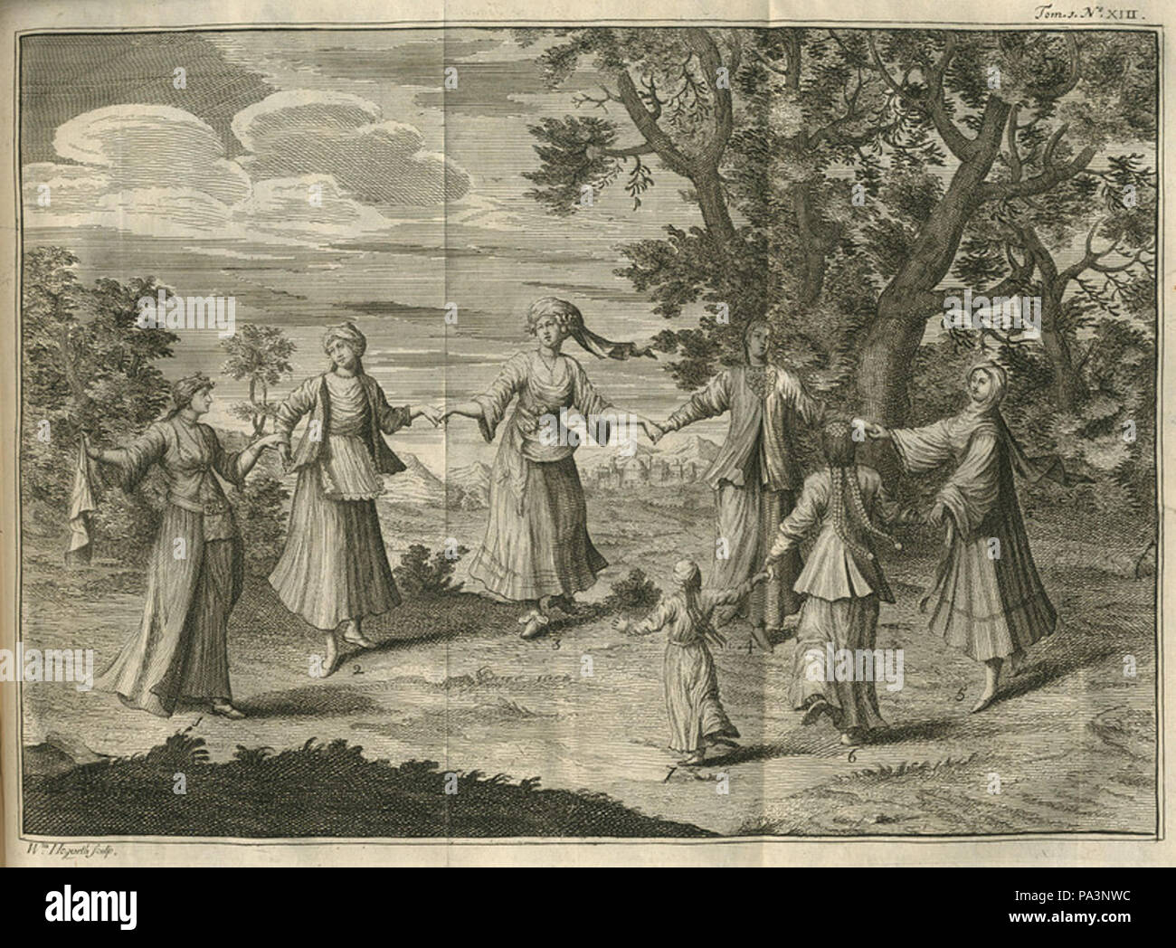 313 La danse circulaire des femmes grecques portant les costumes de différents endroits 1- femme grecque d'Izmir (Smyrne) 2- femme de - La Mottraye Aubry De - 1727 Banque D'Images