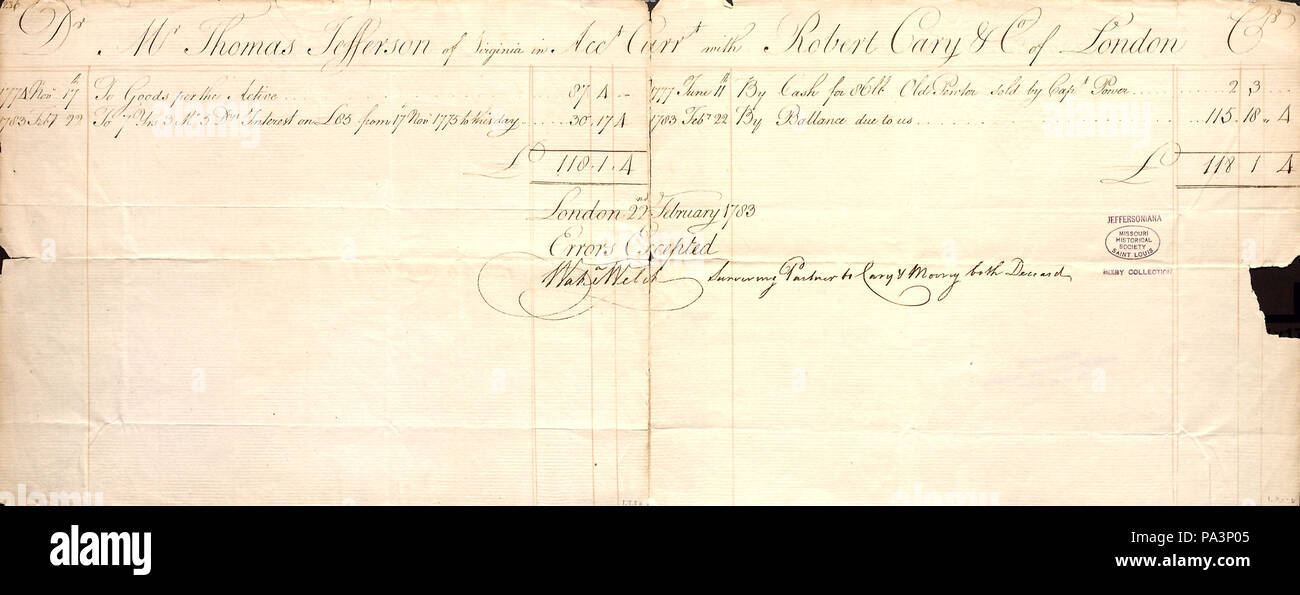 97 Compte de Thomas Jefferson avec Robert Cary et Co., 22 février 1783 Banque D'Images