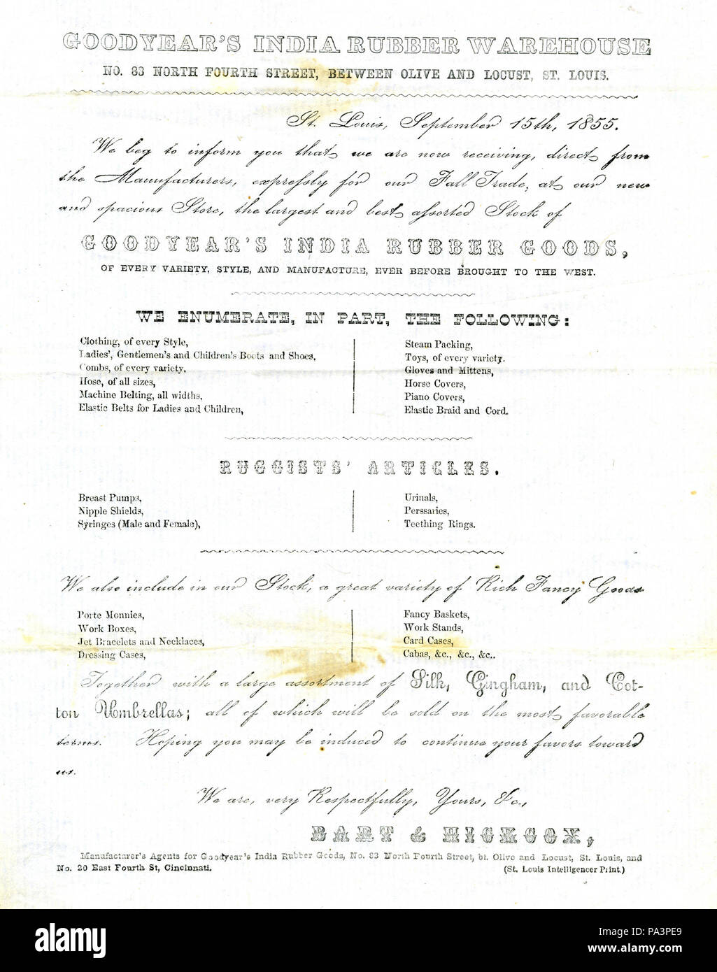 Circulaire du Bart & Hickcox, agents commerciaux pour des produits en caoutchouc de l'Inde de Goodyear, 83, 4e Rue Nord, entre oliviers et Locust, Saint Louis. Décrit leur stock disponible de marchandises. 1855 Sep 15. Collection des circulaires, Missouri History Museum Archives, Saint Louis. La Circulaire 314 de Bart et Hickcox, agents commerciaux pour des produits en caoutchouc de l'Inde de Goodyear, 83, 4e Rue Nord, entre oliviers et Locust, Saint Louis, le 15 septembre 1855 Banque D'Images