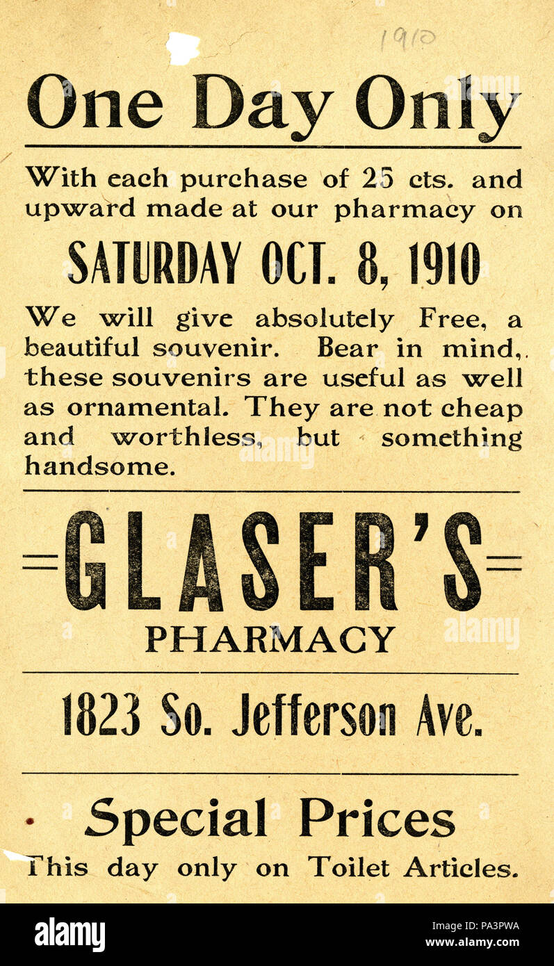 Circulaire du Glaser's Pharmacy, 1823 South Jefferson Ave., [St. Louis, Mo.], publicité une journée de promotion uniquement. 1910 8 oct. Collection des circulaires, Missouri History Museum Archives, Saint Louis. La Circulaire 314 de la pharmacie Glaser, 1823 South Jefferson Avenue, (St. Louis, Mo.), le 8 octobre 1910 Banque D'Images