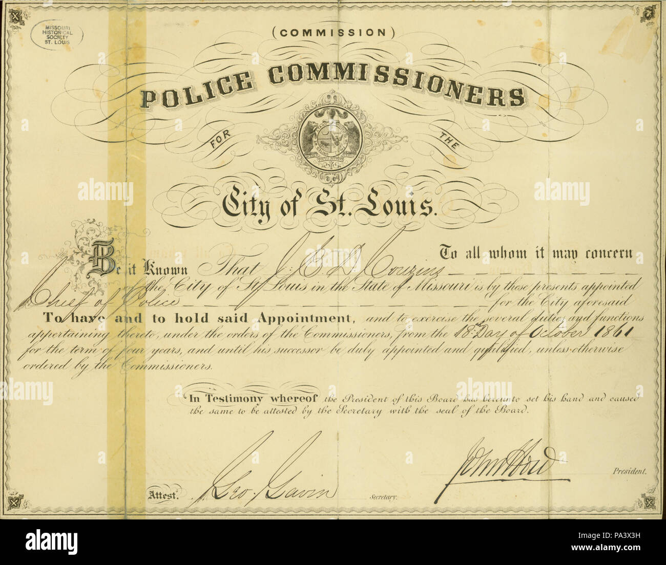340 Commission de John E.D. Couzins comme chef de la police de la ville de Saint Louis, le 18 octobre 1861 Banque D'Images