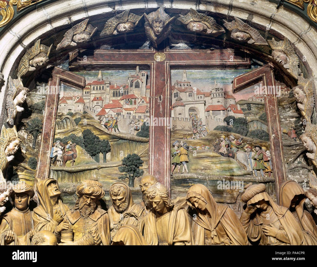 L'Espagne. La Galice. Cathédrale de Santiago de Compostela. Chapelle de piété ou Chaple de la Sainte Croix ou Chapelle de Mondragon. L'allégement en terre cuite de lamentation sur le Christ mort, sculptée par le sculpteur Miguel Renaissance Perrin (1498 ?-1552) en 1526. Détail. Banque D'Images