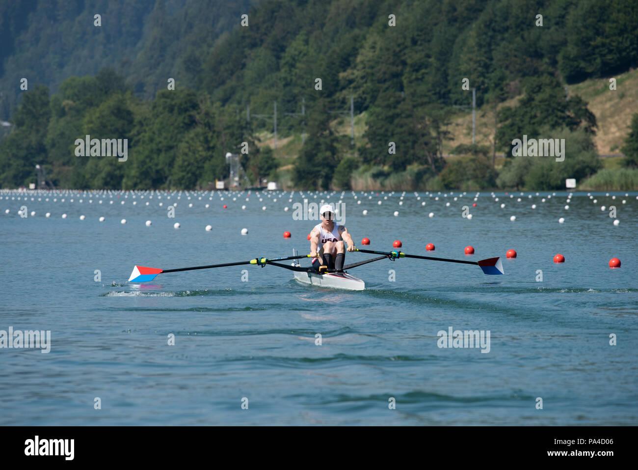 Lucerne, Suisse, 13 juillet 2018, Vendredi, "USA LM1X", "Alex TWIST", 'Petite Planche à travers le temps, des séries de la Coupe du Monde de la FISA, n°3, Lac Rotsee Banque D'Images