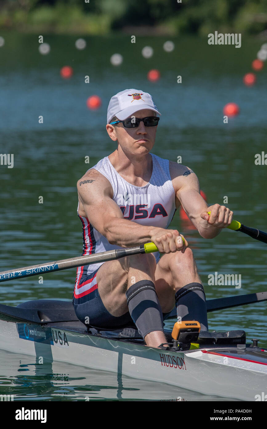 Lucerne, Suisse, 13 juillet 2018, Vendredi, "USA LM1X", "Alex TWIST", départ de la Coupe du Monde de la FISA, série, n°3, Lac Rotsee, © Peter SPURRIER, Banque D'Images