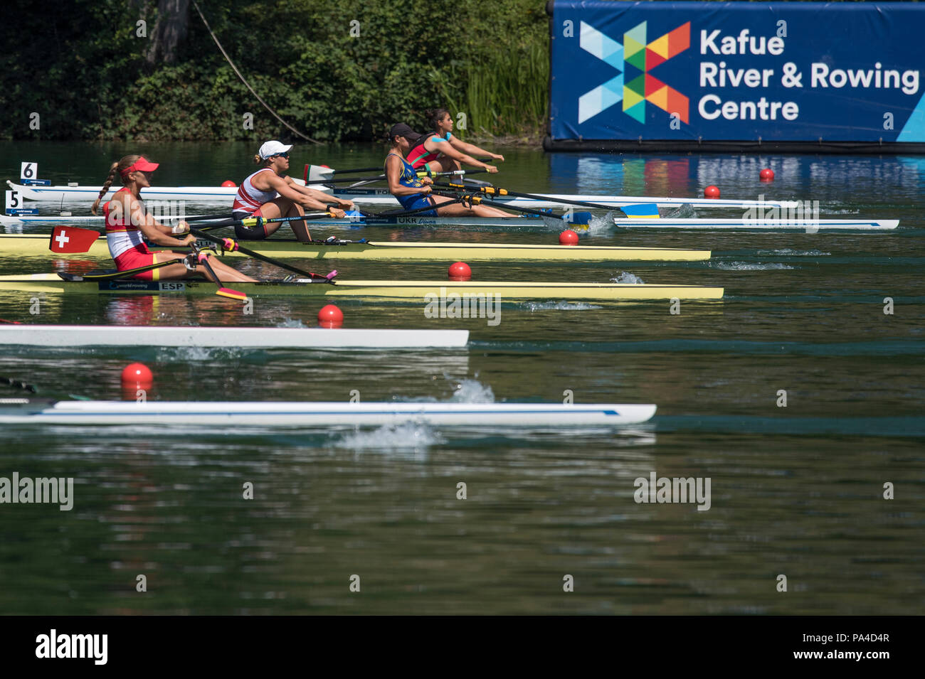 Lucerne, Suisse, 13 juillet 2018, Vendredi, SUI W1X, Jeannine GMELIN, attendant de passer à la démarrer sa chaleur de la 'Women's un rameur en couple', à la Coupe du Monde de la FISA, série n°3, Lac Rotsee, © Peter SPURRIER/Alamy Live News Banque D'Images