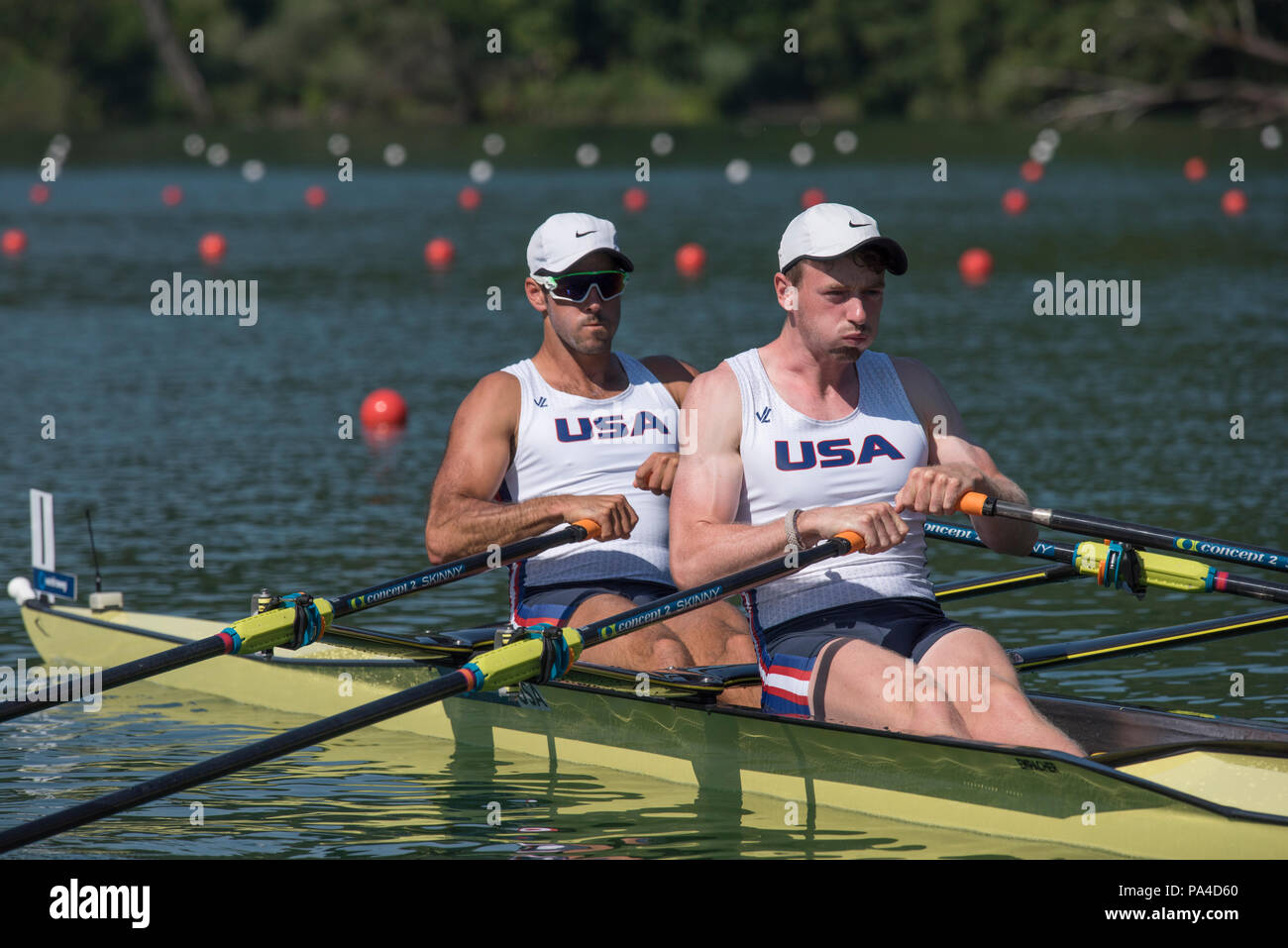 Lucerne, Suisse, 13 juillet 2018, Vendredi USA M2X, Bow, John Graves Benjamin DAVISON, start, salon, Coupe du Monde de la FISA, série n°3, Lac Rotsee, © Peter SPURRIER/Alamy Live News Banque D'Images