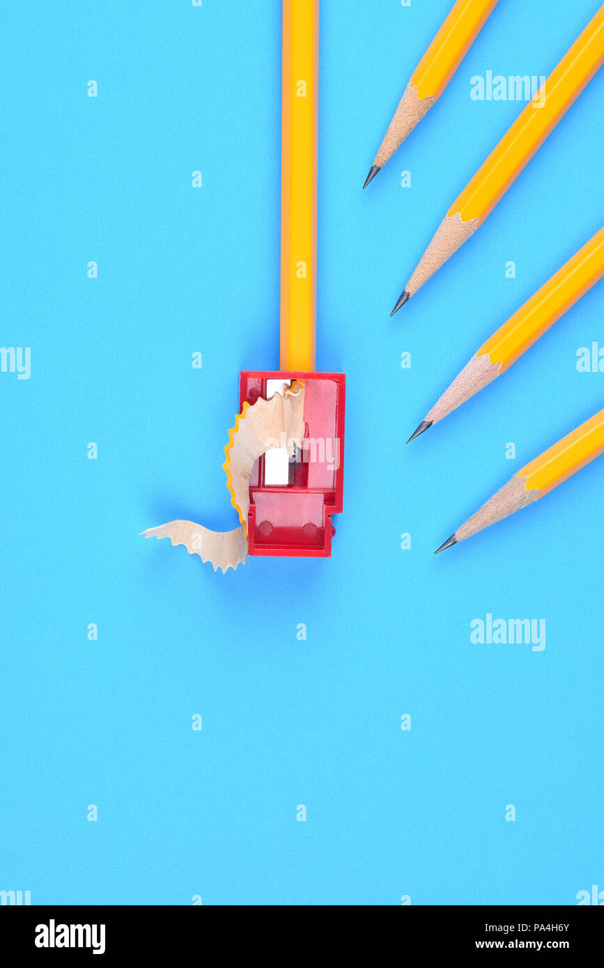 Retour à l'école Concept : Quatre Crayons jaune pointant un taille-crayons et les copeaux, sur un fond bleu. L'espace de copie sur la gauche et en bas. Banque D'Images