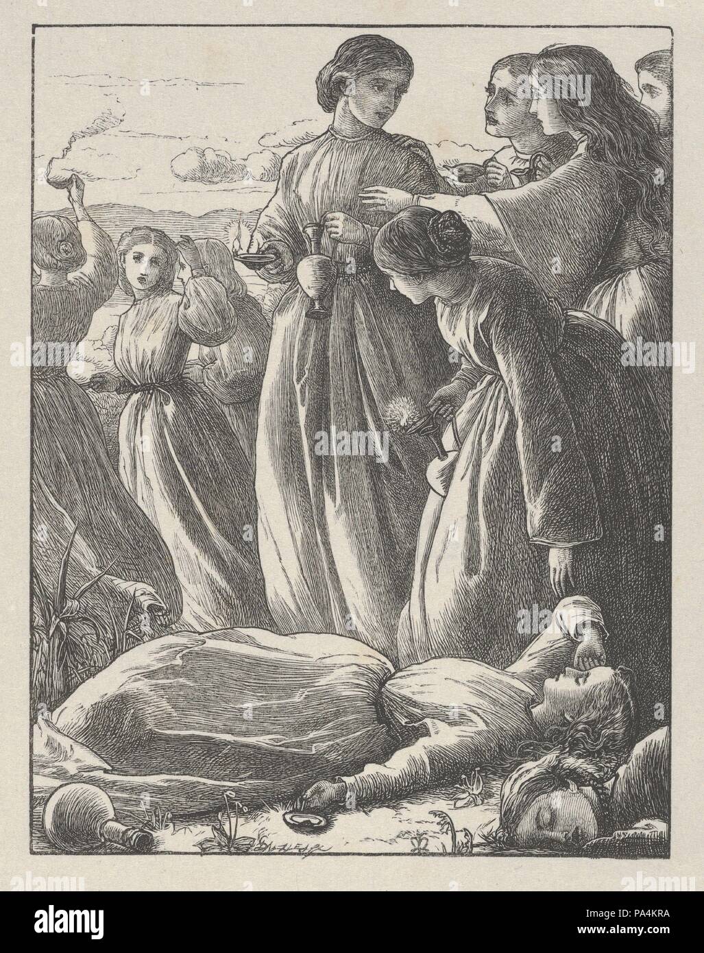 La Parabole du [dix] vierges (il Paraboles de notre Seigneur et Sauveur Jésus Christ). Artiste : D'après sir John Everett Millais (British, Southampton 1829-1896 Londres). Dimensions : image : 5 1/2 x 4 5/16 in. (13,9 x 10,9 cm) : Feuille 7 x 5/16 6 1/16 in. (18,6 x 15,4 cm). Graveur : gravés et imprimés par Dalziel Brothers (britannique, 1839-1893) active. Date : 1864. Il a fallu sept ans pour concevoir Millais vingt images inspirées par des paraboles du Nouveau Testament pour le Dalziel Brothers, et les tirages sont considérés comme bois de pinacles illustration gravée. L'artiste a écrit à ses éditeurs, 'Je peux faire Banque D'Images