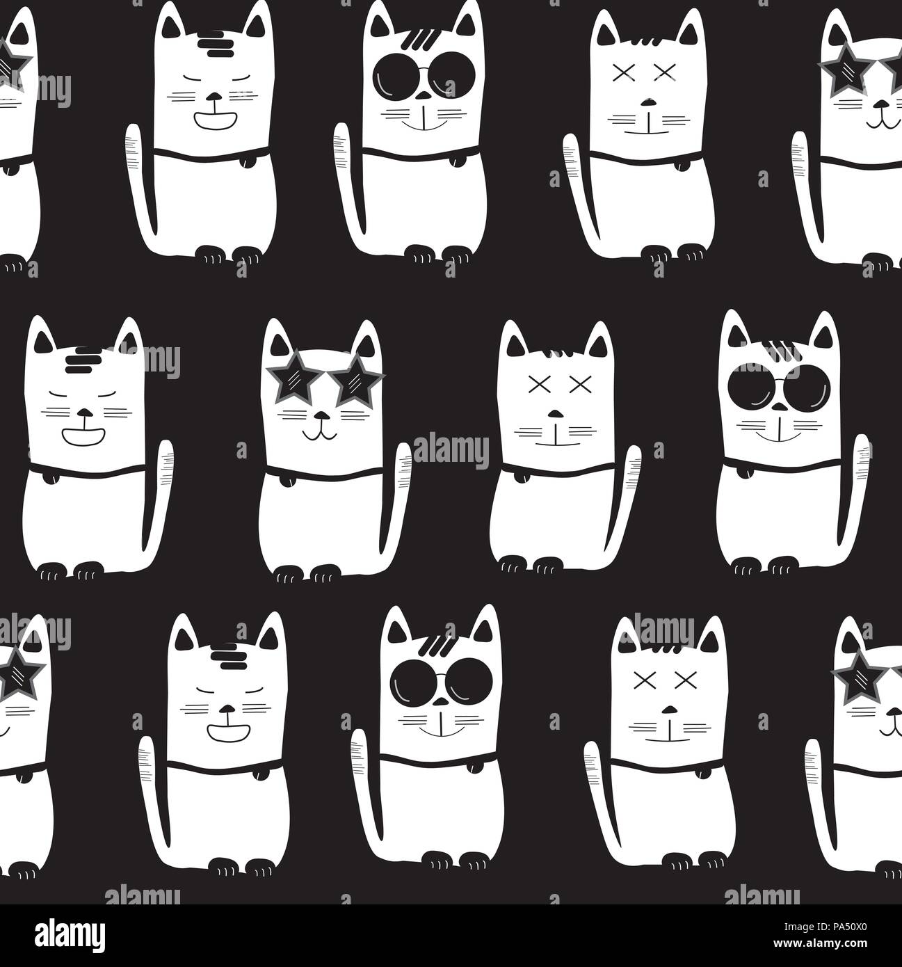 Les chats blancs avec différents personnages sur fond noir, motif de fond transparent Illustration de Vecteur