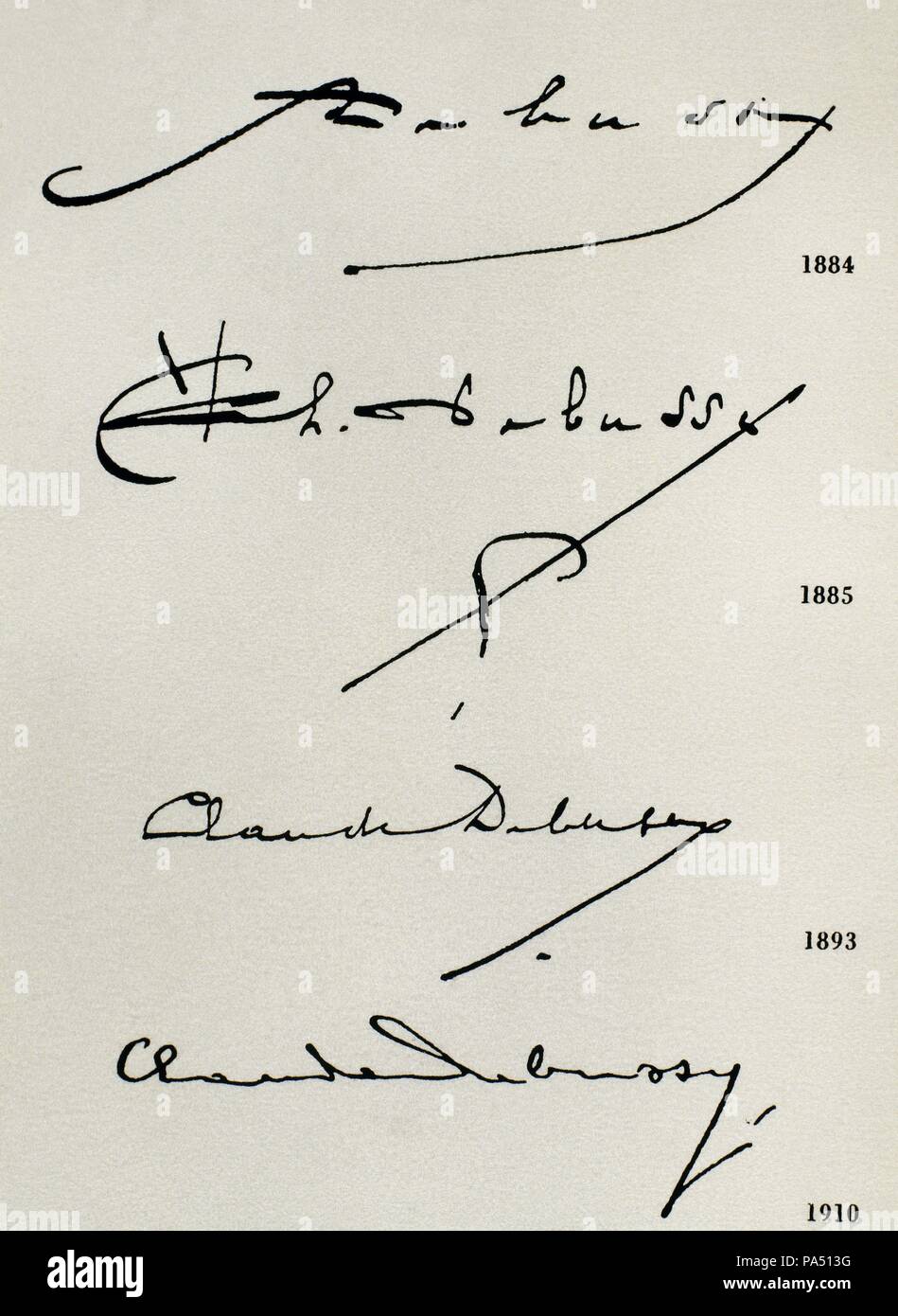 Claude Debussy Achille-Claude Debussy () (Saint-Germain-en-Laye, 1862-Paris, 1918). Compositor francés. Firmas de Debussy en diferentes épocas de su vida (1884, 1885, 1893 y 1910) . Banque D'Images