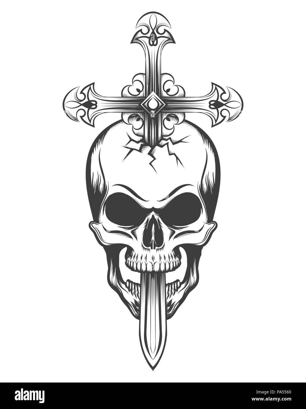 Crâne humain transpercé par l'épée en forme de croix Illustration de Vecteur