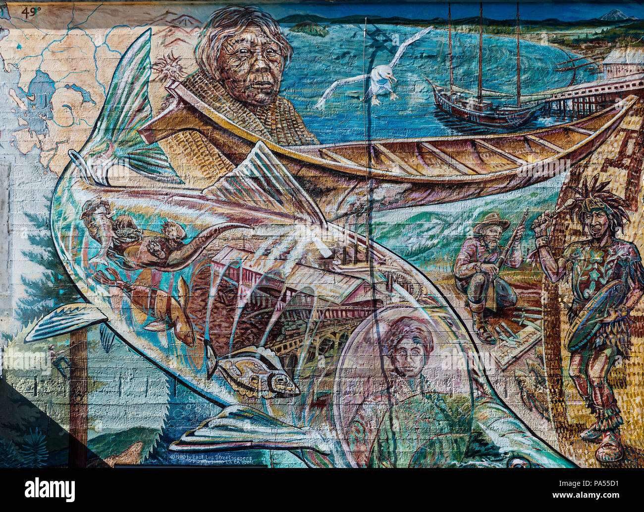 Fresque murale représentant la culture américaine indigène locale, Bellingham, Washington State, USA. Banque D'Images