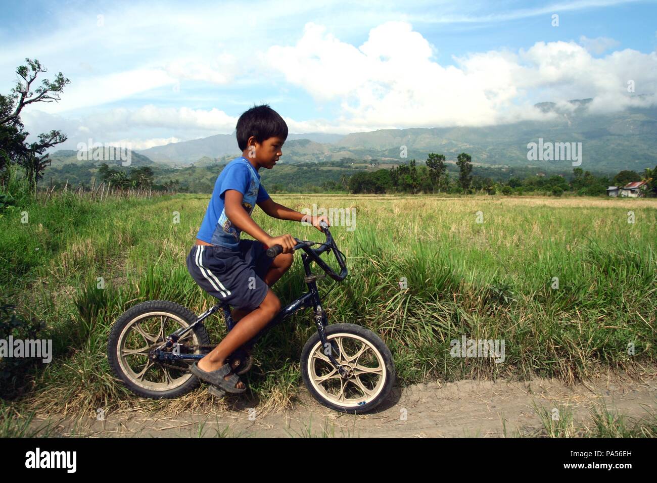 La ville d'Iloilo, PHILIPPINES - le 29 octobre 2015 : un jeune garçon monte un vélo sur un chemin de béton à côté d'une pelouse. Banque D'Images