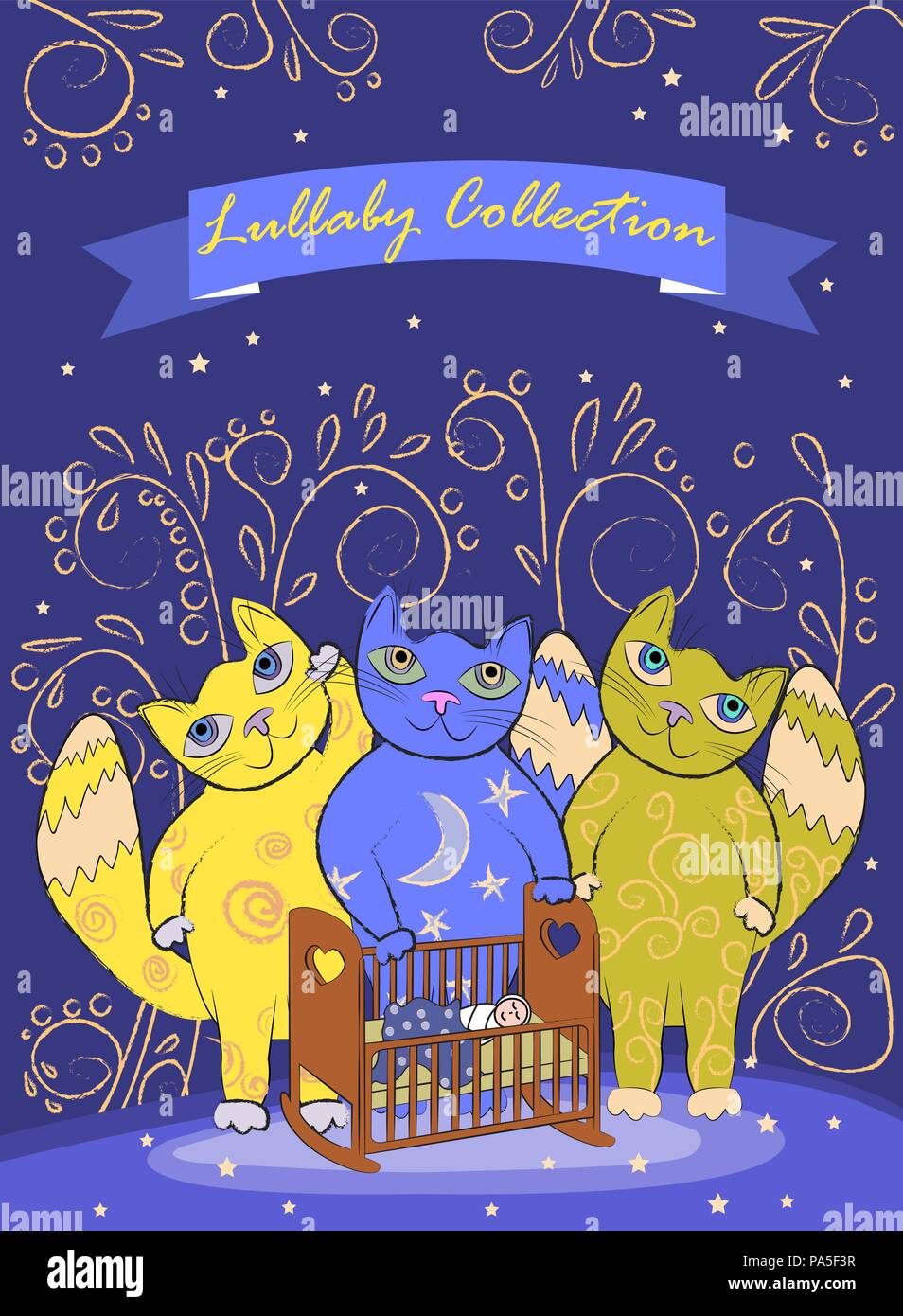 Trois fées cute cats accalmie un enfant. Frontière ou conception de la couverture Illustration de Vecteur