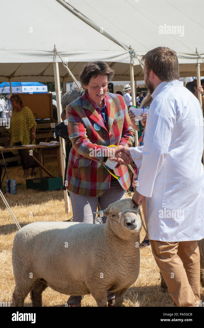 Tendring Essex UK - 14 juillet 2018 : l'homme étant attribué par rosette femme mature pour son pedigree mouton à salon de l'agriculture Banque D'Images