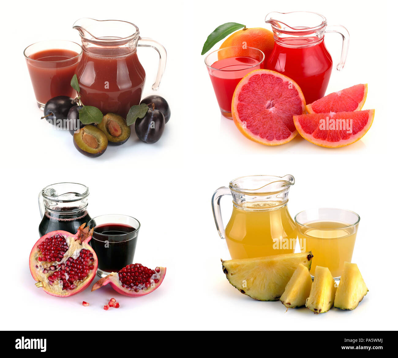 Mettre le verre et pichet de jus de fruits sur fond blanc Banque D'Images