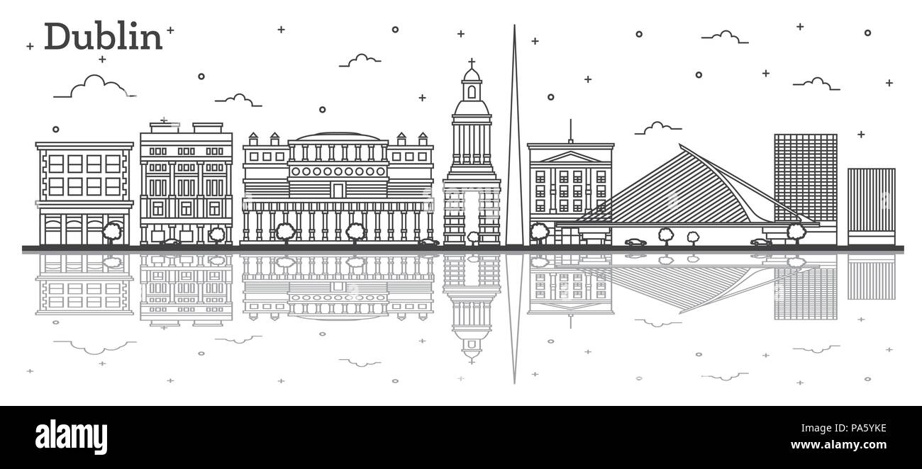 Dublin Irlande Aperçu sur les toits de la ville avec ses bâtiments historiques et réflexions isolé sur blanc. Vector Illustration. La ville de Dublin avec repères. Illustration de Vecteur