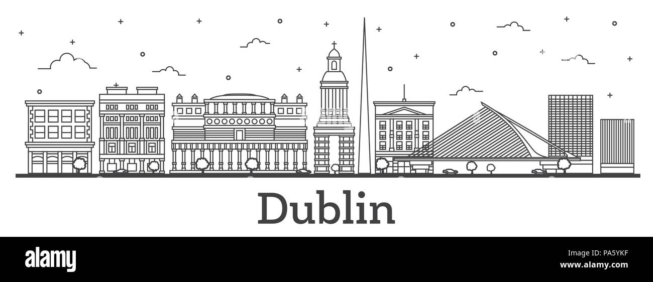 Dublin Irlande Aperçu sur les toits de la ville avec ses bâtiments historiques isolé sur blanc. Vector Illustration. La ville de Dublin avec repères. Illustration de Vecteur