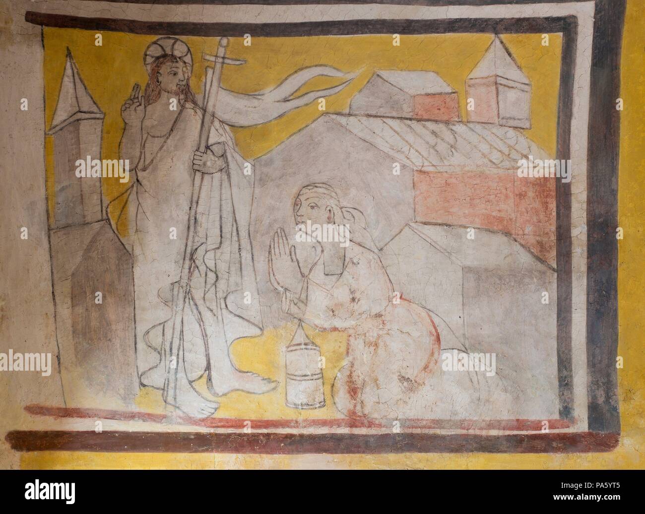 Scène de l'apparition du Christ à Marie Madeleine, détail des fresques de la voûte du presbytère (wall l'épître), de l'église de Santa Eulalia, XV siècle, Valdeolea, Cantabrie, Espagne. Banque D'Images