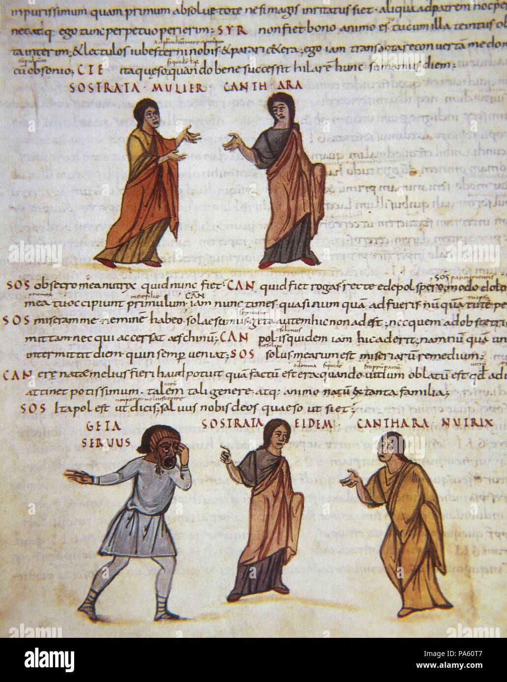 'Terencio Vaticano', siglo IX. Obra escrita en letra minúscula carolingia, unos años después de la muerte del Emperador Carlomagno. Se ilustra con escenas de actores interpretando comedias de Terencio, basadas en los antiguos modelos de época romana. Folio 55 recto en el que se représentent actores clásicos escenario con gesticulando durante una actuación. Biblioteca Vaticana. Banque D'Images