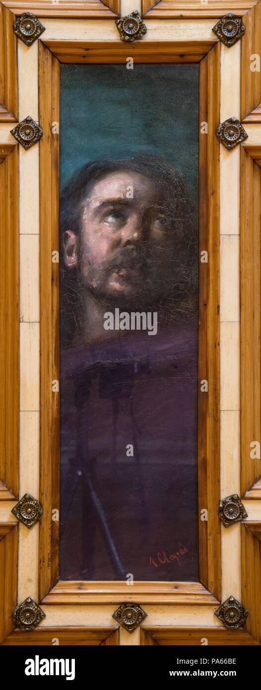 Aleix Clapés / auto-portrait par Aleix Clapés, à l'entrée de la chapelle du Palais Güell, 1888, Peinture, Barcelone, Catalogne, Espagne. Musée : Palacio Güell, Barcelone, Catalogne, Espagne. Banque D'Images