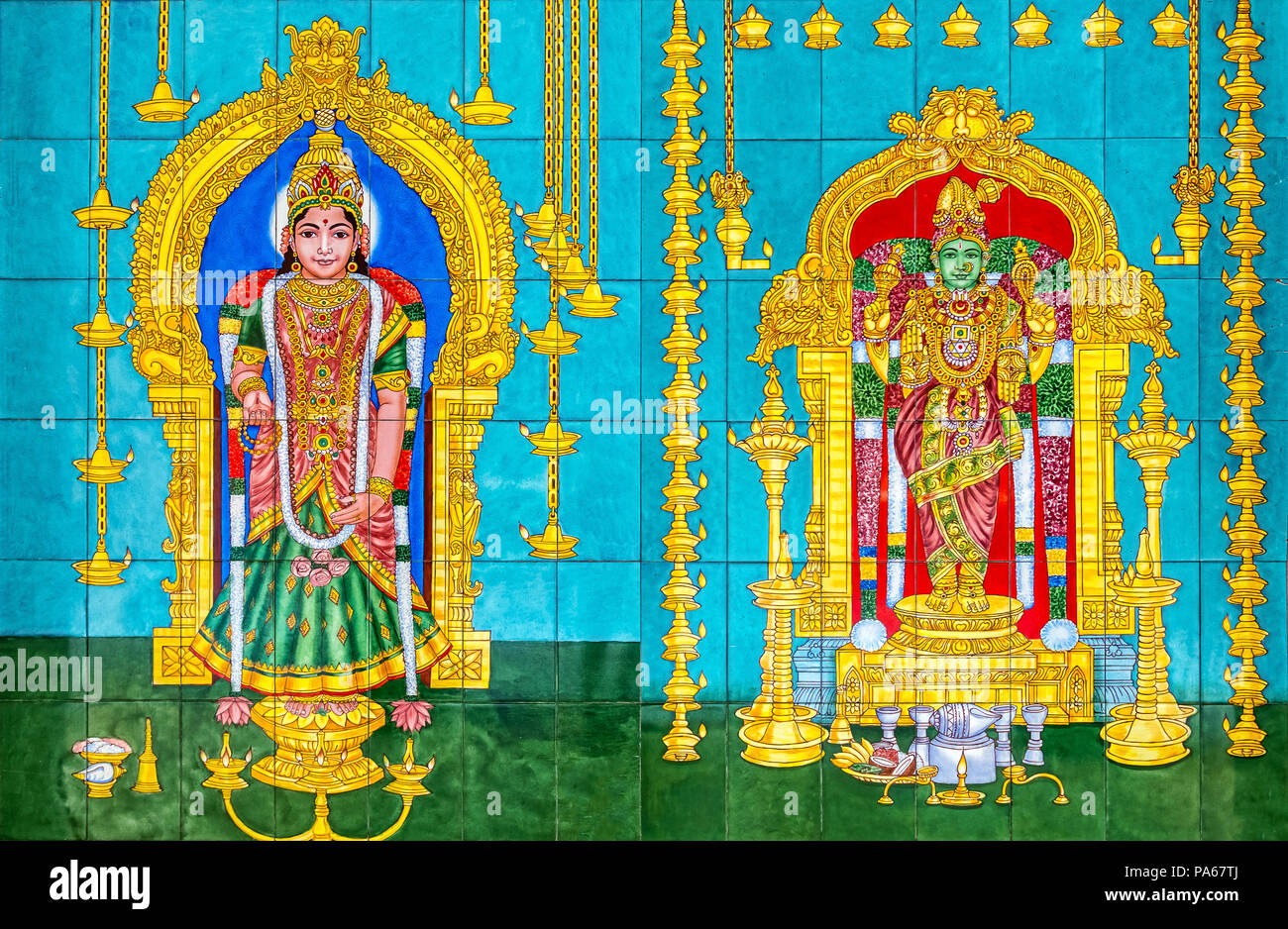 Les carreaux avec motifs religion hindoue dans Dhevasthanam Sri Maha Mariamman Temple, Kuala Lumpur, Malaisie. Banque D'Images