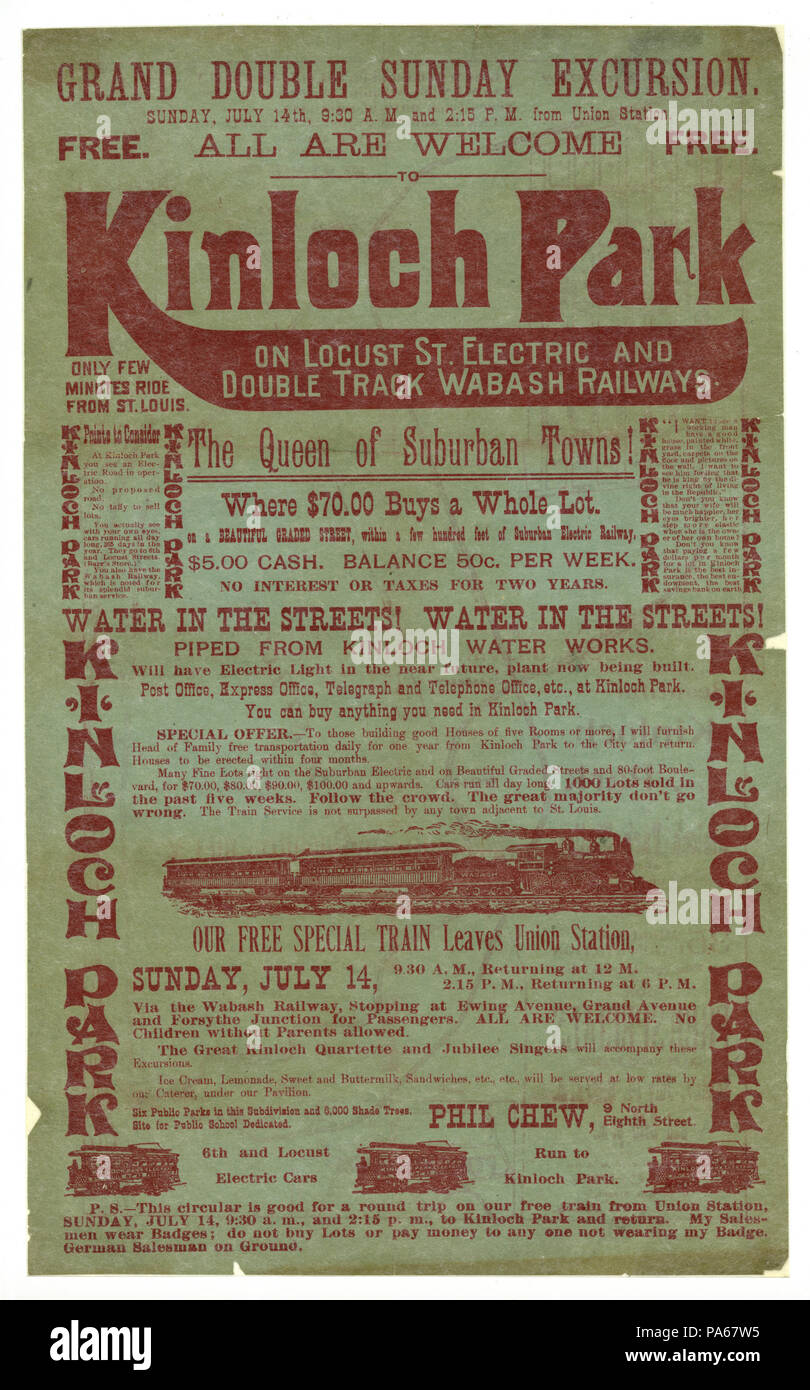Broadside 249- Excursion-Kinloch Dimanche Double Grand parc, la Reine des villes de banlieue ! (1895 ) Banque D'Images