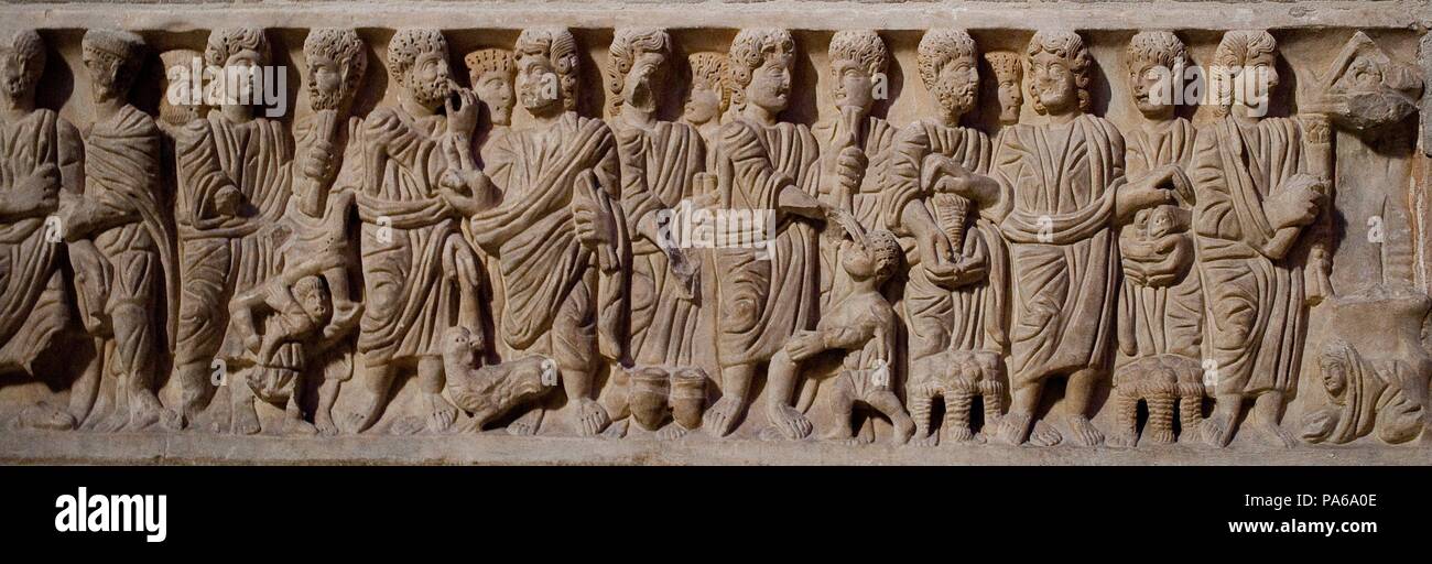 Sarcophage paléochrétien avec des scènes bibliques, 4e siècle, l'église de Sant Feliu, Gérone, Catalogne, Espagne. Banque D'Images