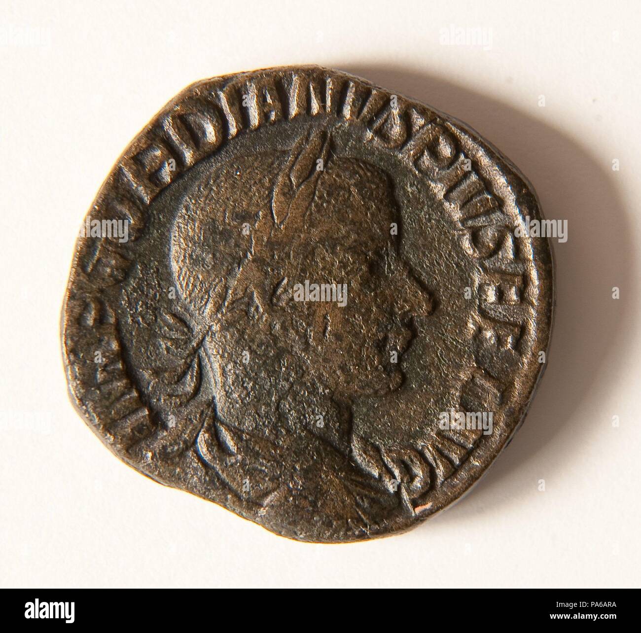 Pièce de monnaie romaine, 1er siècle avant J.-C., dans la Villa romaine de Torre Llauder ou pouvez Llauder, Mataró, Barcelone, Catalogne, Espagne. Musée : Musée de Mataró, Mataró, Barcelone, Catalogne, Espagne. Banque D'Images