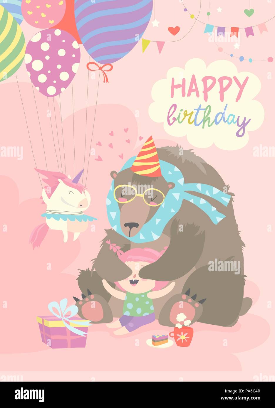 Petite fille avec un ours celebrating Birthday Illustration de Vecteur