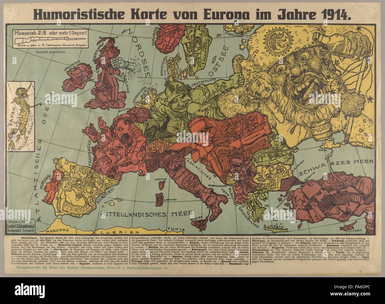 Carte de l'Europe d'humour en 1914. Musée : collection privée. Banque D'Images