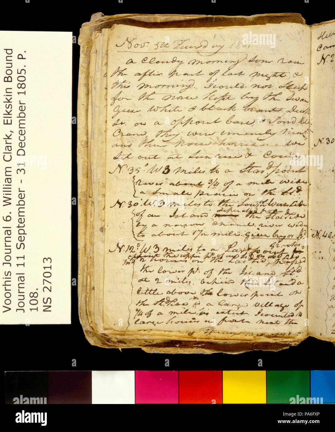 321 Clark Family Collection- Volume 6. Elkskin Journal, page 108, 5 novembre 1805 Banque D'Images