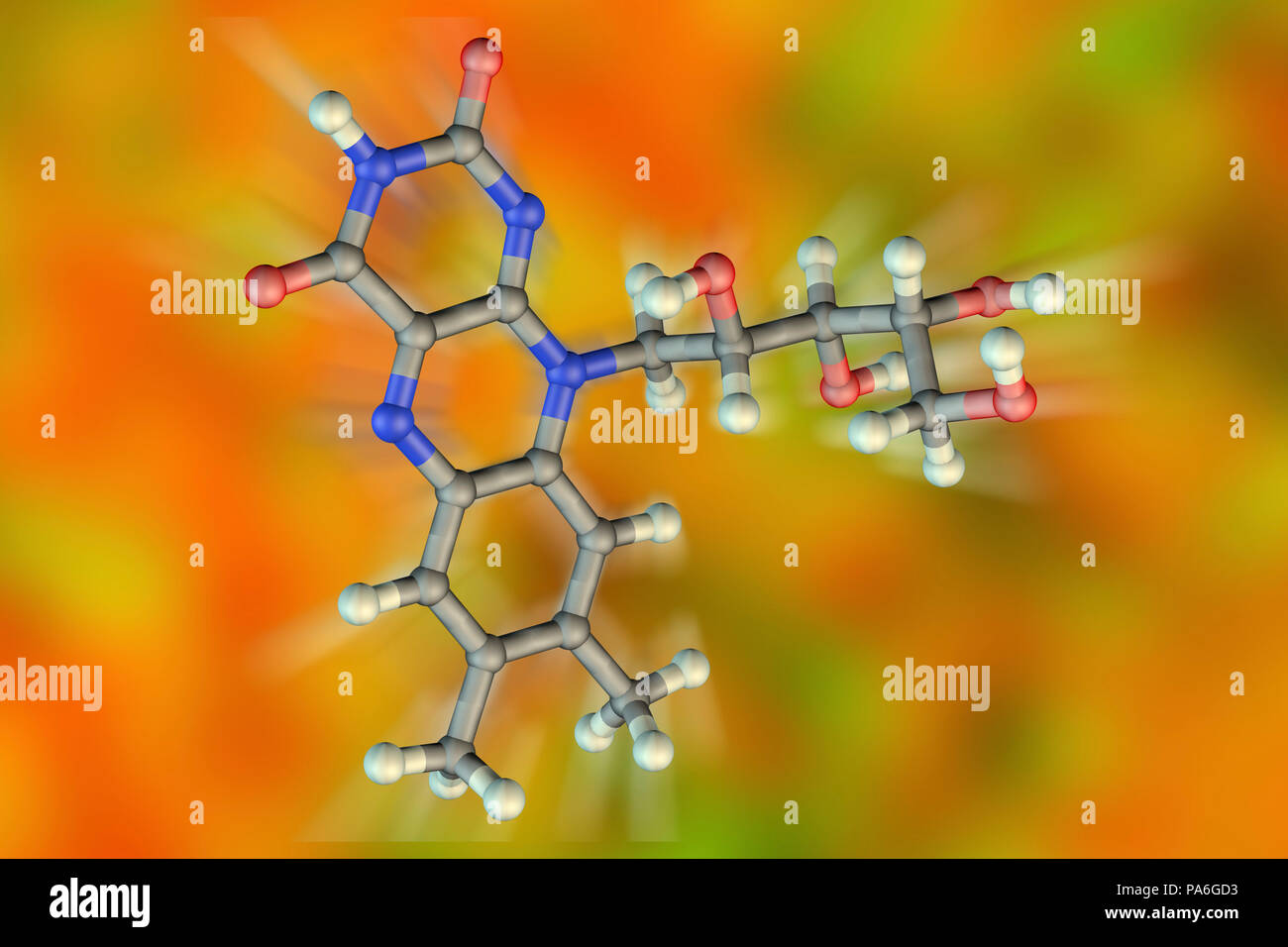 La vitamine B2 (riboflavine), le modèle moléculaire. Cette vitamine joue un rôle clé dans le métabolisme de l'énergie. Les atomes sont représentés comme des sphères et sont codés par couleur : carbone (gris), l'hydrogène (blanc), l'azote (bleu) et d'oxygène (rouge). Banque D'Images