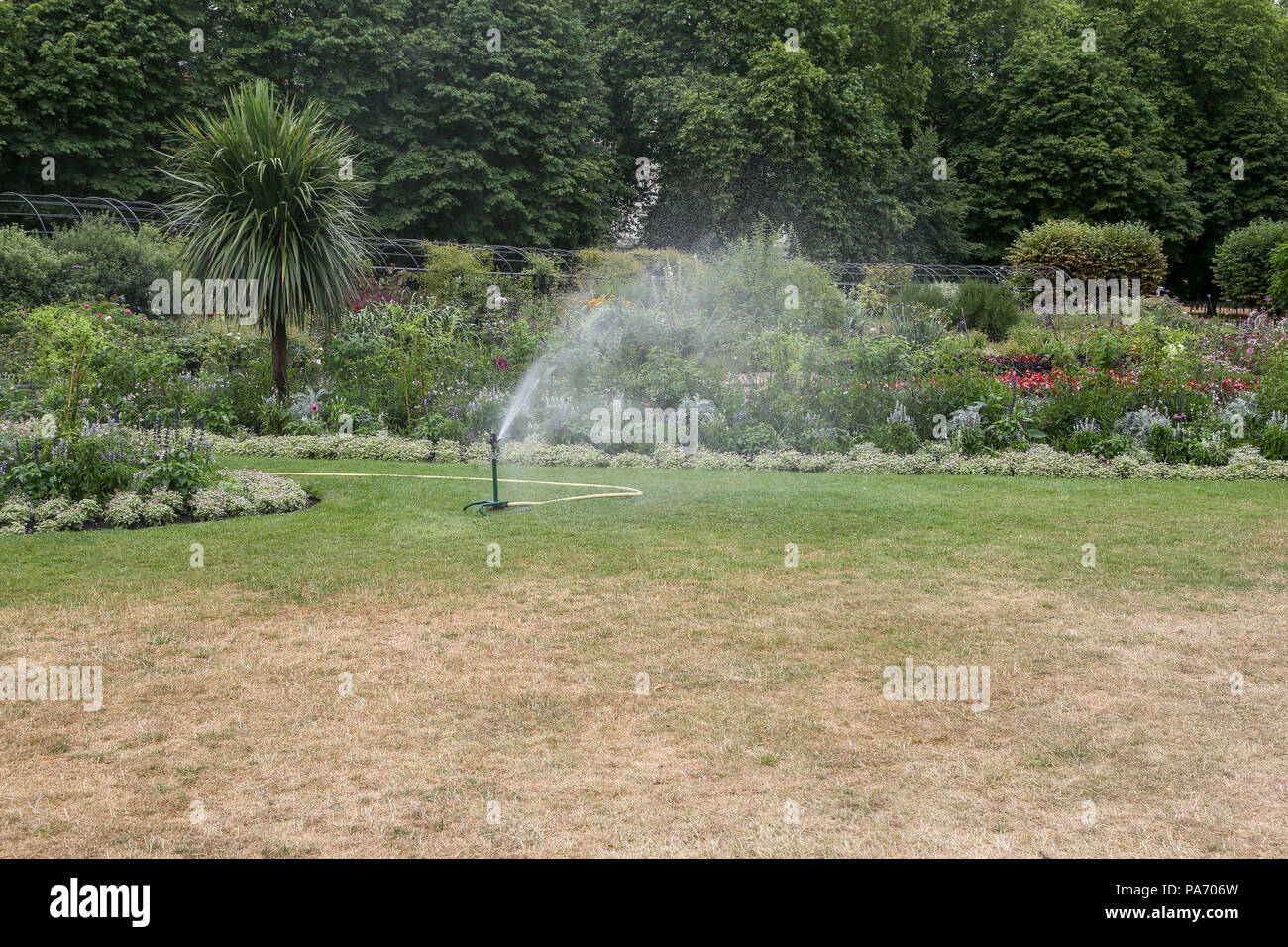 Hyde Park. Londres. UK 20 Juillet 2018 - Une eau de type sprinkleur en usage dans Hyde Park. Dans certaines parties de l'UK Le soutien de l'interdiction seront appliquées à partir du 5 août en raison de la vague de chaleur continue et le manque de pluie. Credit : Dinendra Haria/Alamy Live News Banque D'Images