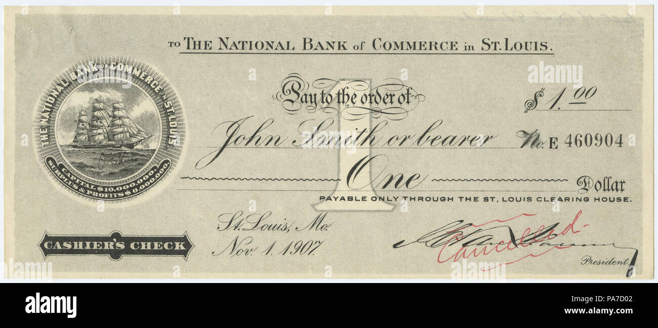 Chèque de 285 $ pour 1 à l'ordre de John Smith ou au porteur, la Banque Nationale de Commerce à St Louis, le 1 novembre, 1907 Banque D'Images