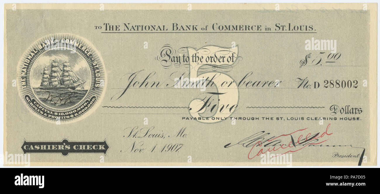 Chèque de 285 $ pour 5 à l'ordre de John Smith ou au porteur, la Banque Nationale de Commerce à St Louis, le 1 novembre, 1907 Banque D'Images