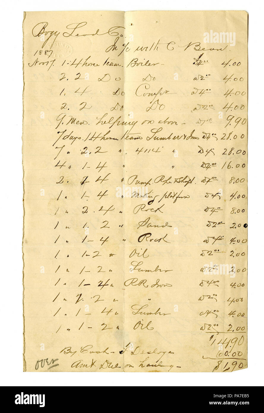 97 Projet de loi de comptabilité et de déclaration à Bogy Société principale de C. Bean, marquée payée par F. Desloge, le 7 novembre 1887 Banque D'Images