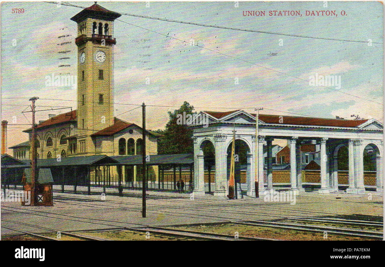 La gare Union de Dayton 375 Carte postale 1909 Banque D'Images