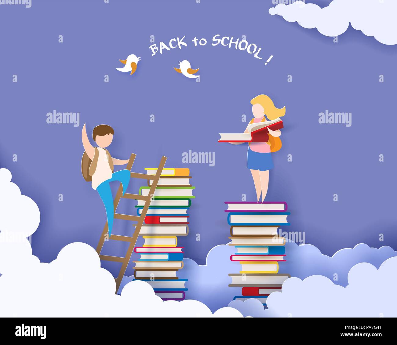 Retour à l'école 1 septembre carte avec garçon et boy reading book sur pile de livres. Vector illustration. Coupe papier et de l'artisanat traditionnel. Illustration de Vecteur