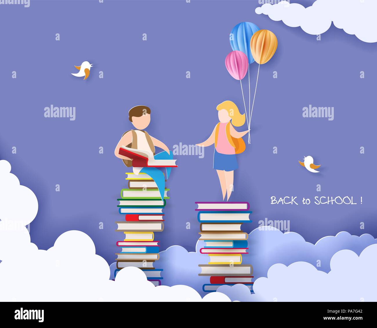 Retour à l'école 1 septembre carte avec boy and girl reading book sur pile de livres. Vector illustration. Coupe papier et de l'artisanat traditionnel. Illustration de Vecteur