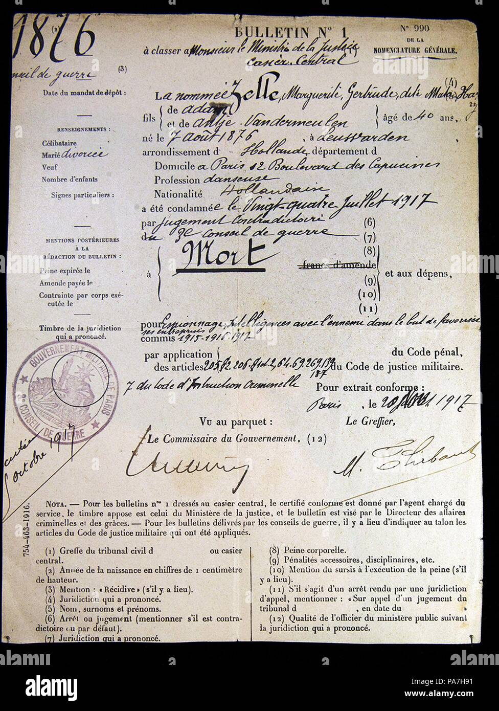 La condamnation à mort de Mata Hari. Musée : Fries Museum, Leeuwarden. Banque D'Images