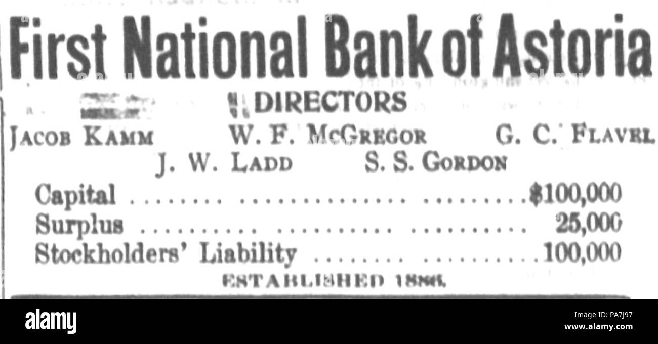 651 Première Natl Banque d'Astoria ad 24 févr. 1909 Banque D'Images