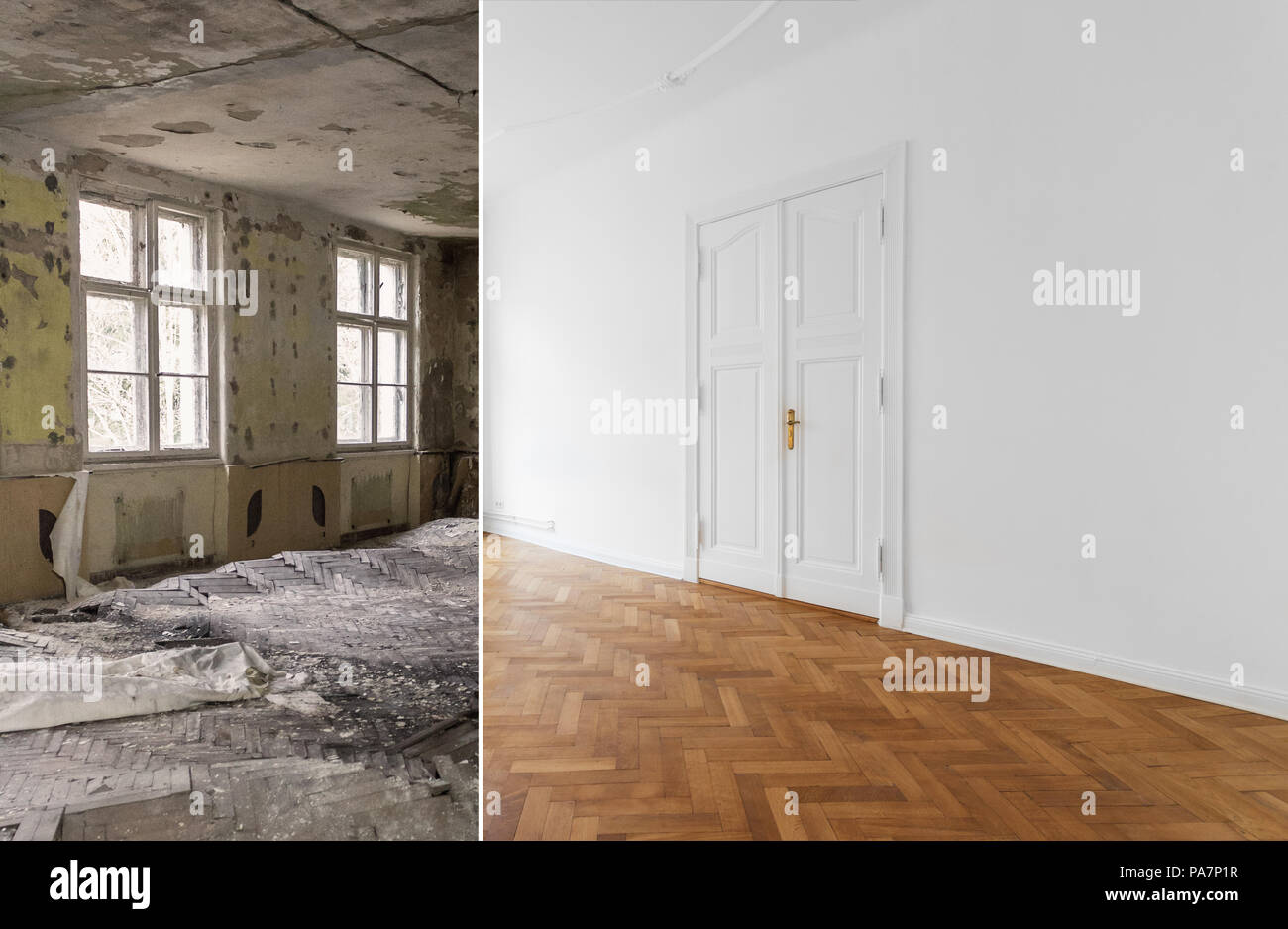 Télévision, rénovation rénovation appartement, chambre avant et après la modernisation Banque D'Images