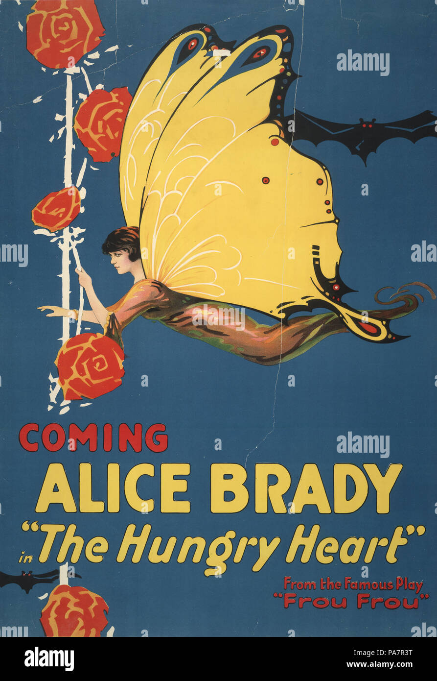 . Le Hungry Heart. Anglais : l'Hungry Heart est un film muet américain de 1917 réalisé par Robert G. Vignola et écrit par Charles Maigne d'après le roman du même nom de David Graham Phillips. 1 copie (poster) : lithographie, couleur ; 101 x 70 cm. Résumé de l'affiche de cinéma pour 'le Hungry Heart" montre un papillon avec la forme d'une femme (actrice Alice Brady ?) oscillant autour de roses. Subject Headings, Alice Brady,--1892-1939--Performances Papillons--1910-1920 -1910-1920-Roses . vers 1917 115 Alice Brady, l'Hungry Heart, 1917 Banque D'Images