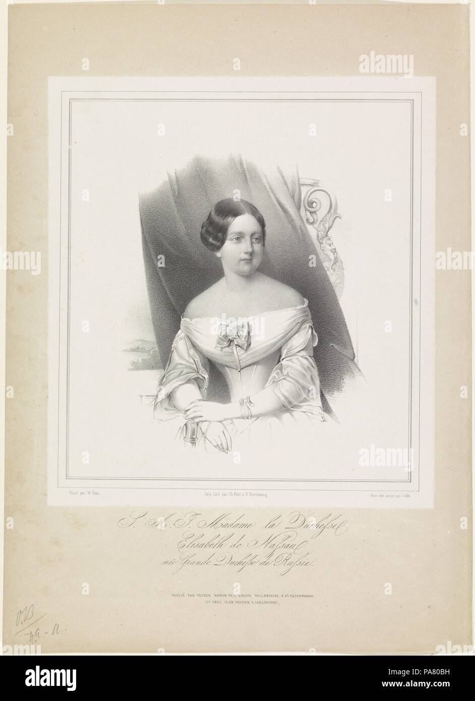 La grande-duchesse Élisabeth Mikhaïlovna de Russie (1826-1845), duchesse de Nassau. Musée : Bibliothèque nationale russe, Saint-Pétersbourg. Banque D'Images