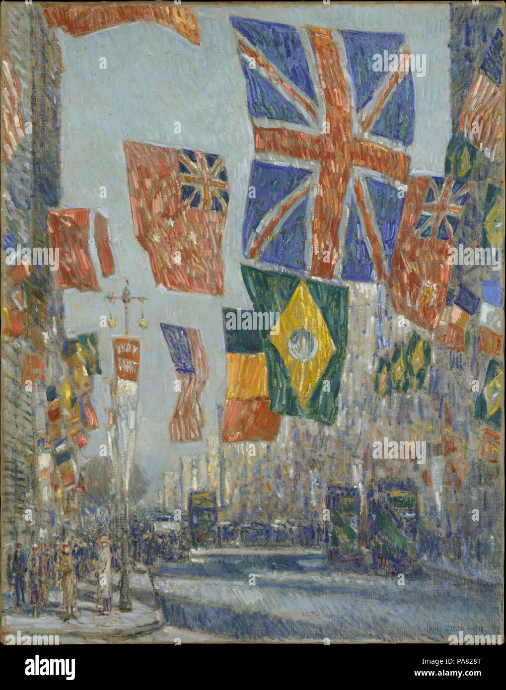 Avenue des Alliés, Grande-Bretagne, 1918. Artiste : Childe Hassam (Américain, Dorchester, Massachusetts 1859-1935 East Hampton, New York). Dimensions : 36 x 28 3/8 in. (91,4 x 72,1 cm). Date : 1918. Le seul grand impressionniste américain pour dépeindre le front pendant la Première Guerre mondiale, Hassam a produit sa série du pavillon, une trentaine de toiles représentant Manhattan's Fifth Avenue et les rues adjacentes décorées d'emblèmes patriotiques, de 1916 à 1919. La liberté pour les lecteurs de prêt, organisé par le gouvernement des États-Unis pour promouvoir la vente d'obligations d'épargne, s'étend de la 5ème Avenue était drapé d'un drapeau Banque D'Images